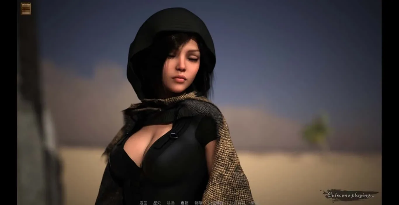 沙漠追猎者：兜帽人物与底部阅读入口，标注Cutscene playing