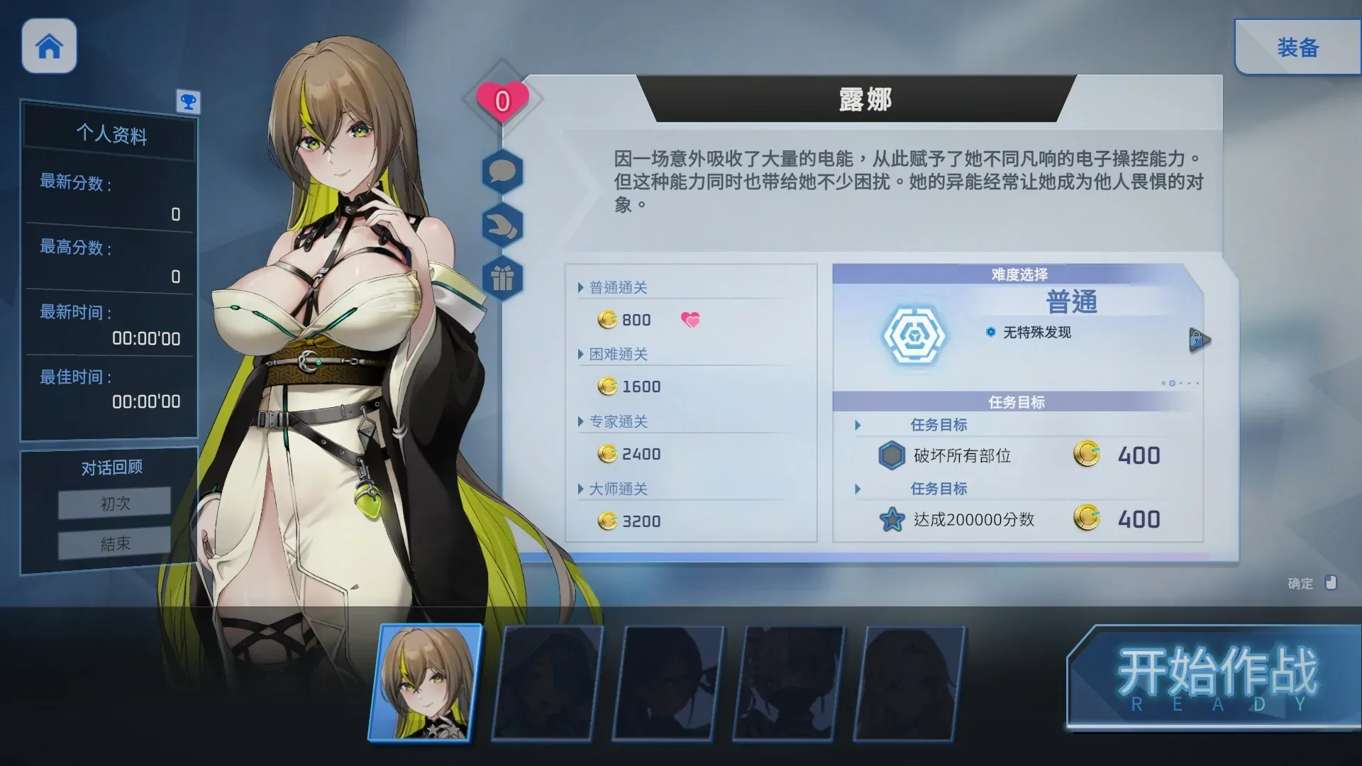 魅惑之翼:少女的爆衣攻略：露娜角色与难度任务选择页，幻想衣物遮住私密部位，无性动作，不因低领体型拒绝